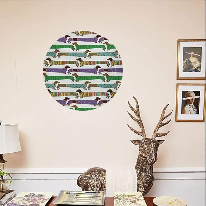 Ceramic Display Plate, Dog Lover Ceramic Hanging Decorative Plate, Cartoon Style Dachshunds Dressed in Pyjamas Chevron, 10 Inch, Living Room Kitchen Decoration Household, Multicolor