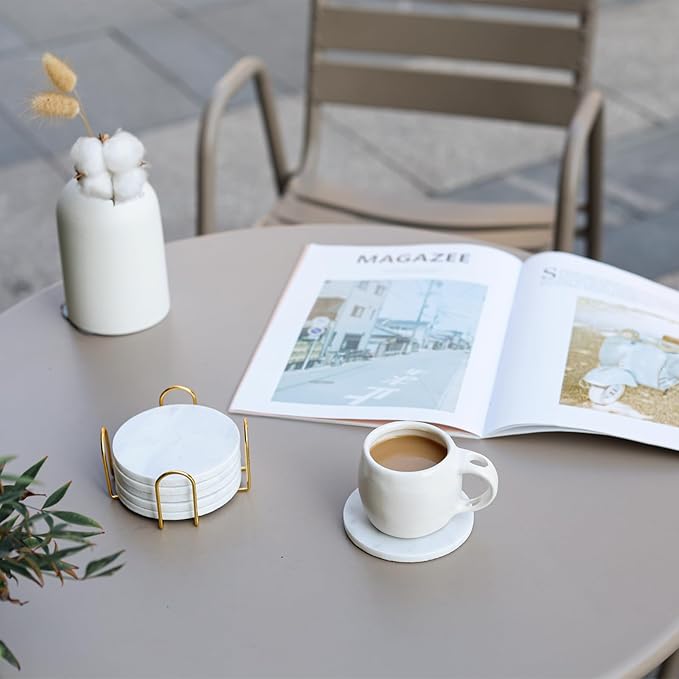 Carrara White Marble Coasters Set of 6 with Holder, Elegant Modern Round White Marble Drink Coasters for Coffee Table Decor, Semi Absorbent Stone Coaster for Drinks, Velvet Backed