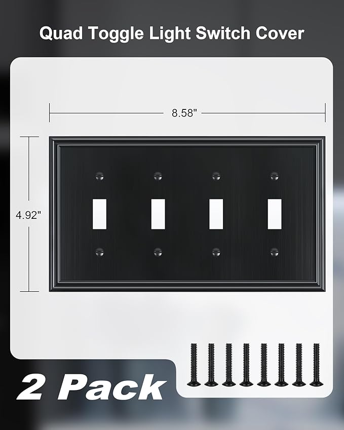2-Pack Quad Toggle Light Switch Cover Plate, Durable Zinc Alloy Decorative Switch Plate Covers, Black 4 Gang Wall Plate for Toggle Light Switch and Rotary Dimmer Switch