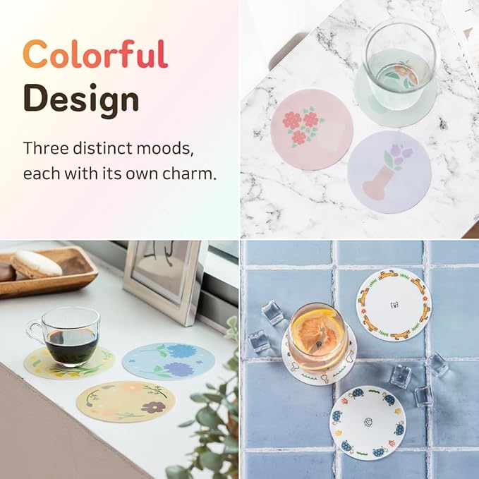 FLT Silicone Colorful Coaster Set of 3, Non-Slip Drink Mat, Cute and Unique Printed Design (Made in Korea) (Pastel - Vase)
