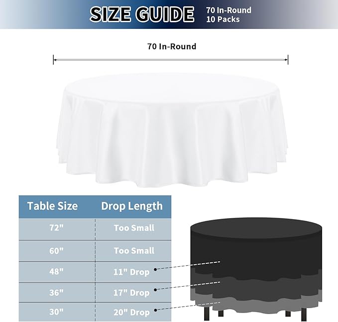 PureFit 10 Pack Round White Table Cloths 70 Inch for Round Tables, Stain and Wrinkle Resistant Table Linens for Home Use, Wedding, Party, Banquet and Camping