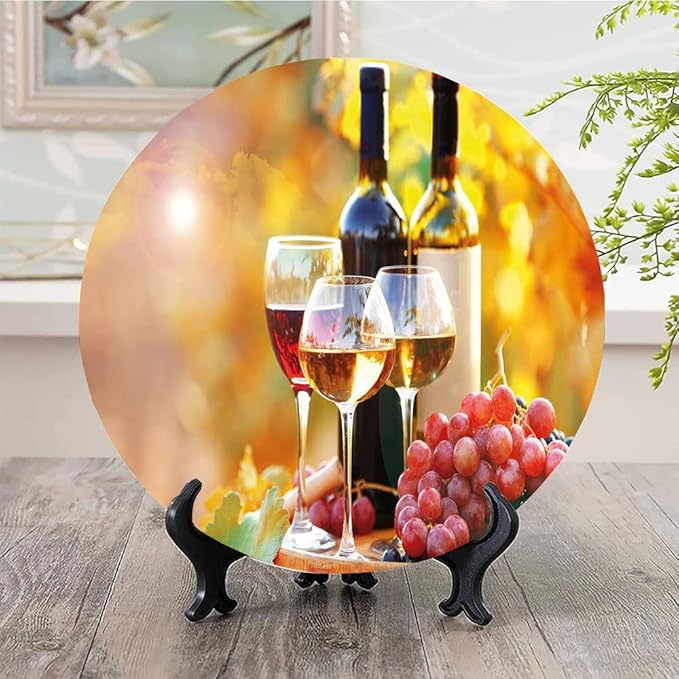 Ceramic Plates, Wine Decorative Ceramic Plates, Tasty Wine on Wooden Barrel on Grape Plantation, 7 Inch, for Dining, Parties, Wedding, Orange Red Black