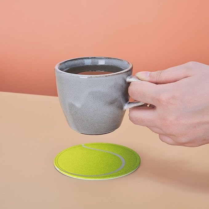 Tennis Ball Coasters for Drinks with Holder Round Leather Coasters Set of 6 Cups Mugs Mat Pad for Home Kitchen Bar