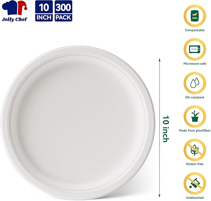 JOLLY CHEF Compostable Heavy Duty Plates 𝟭𝟬 𝗜𝗻𝗰𝗵 [𝟯𝟬𝟬 𝗣𝗮𝗰𝗸] Eco-Friendly Disposable White Uncoated Paper Plates Bagasse Sugarcane Biodegradable for Hot Cold Food Party Dinner Weddings