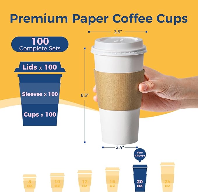 Fit Meal Prep 100 Pack 20 oz Disposable Coffee Cups with Lids, Sleeves, Leak-Proof To Go Coffee Cups with Lids, Durable Hot Paper Cups for Home, Office, Party, Business