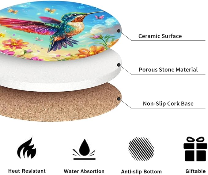 Drink Coasters for Drinks Set of 6, Spring Hummingbird and Floral Blossom Absorbent Round Ceramic Stone Mat Coaster, with Cork Base and Metal Holder, Home Bar Decor House Warming Gift