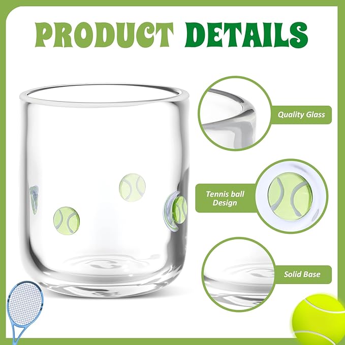 Icon Juice Glasses, 14oz Stemless Wine Drinking Juice Glass Cup for Valentine Party Supplies Gift(2 Pcs,Tennis Ball)