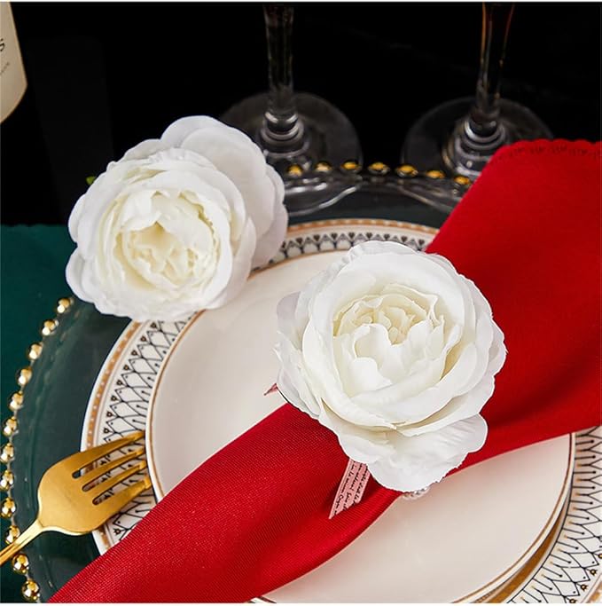 Pearl Napkin Rings Set of 6,Rustic Rose Napkin Rings Flower Dinner Napkin Holder for Table Decoration (21#White)