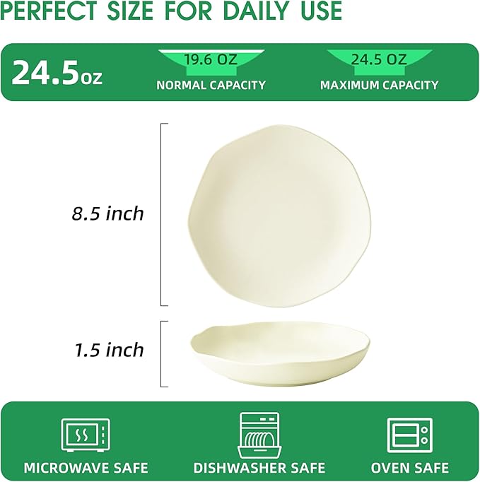 Pasta Bowls Set of 4, Ceramic 24.5oz Serving Salad Bowl, Large 8.5 inch Wide Shallow Soup Bowls with Wavy Rim, Easy to Clean, Oven Microwave Dishwasher Safe for Fruit Pasta Salad Dinner -Beige