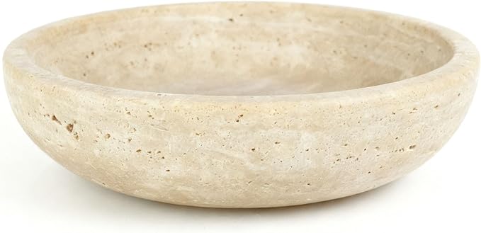 Handmade Travertine Stone Bowl | 7.8" Decorative Key & Fruit Bowl | Kitchen Counter, Dining Table Centerpiece, Entryway & Office Desk Decor (Beige)