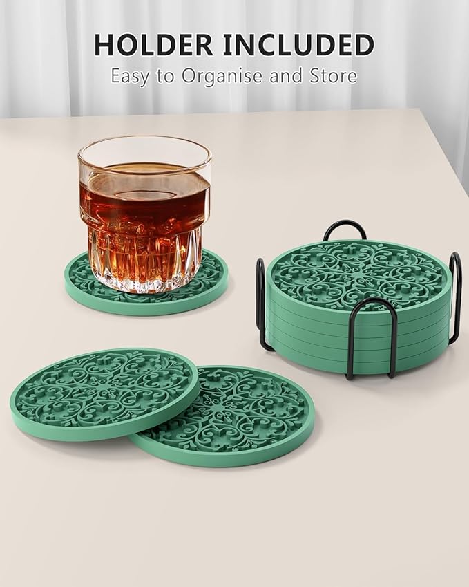 Drink Coasters, Coasters Set of 6 for Cup with Holder, Non-Slip Silicone Cup Mats for Hot and Cold Drinks, Cute Absorbent Coffee Bar Accessories Table Decor, Green