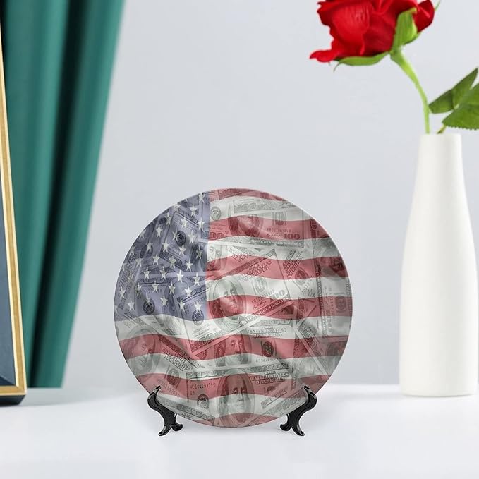Ceramic Plates, American Flag Decorative Ceramic Plates, Dolar Exchange, 10 Inch, Household Plates Decorative, Multicolor