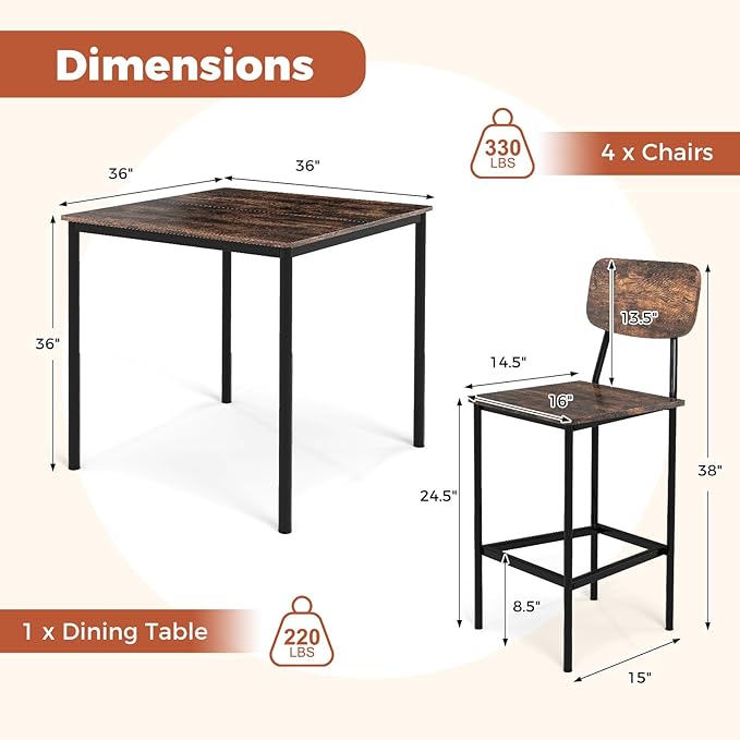 COSTWAY Dining Table Set for 4, 5-Piece Square Kitchen Nook Dinette Set with 4 Bar Stools with Footrest, Backrest, Space-Saving Design, Industrial Kitchen Table and Chairs for Apartment, Coffee