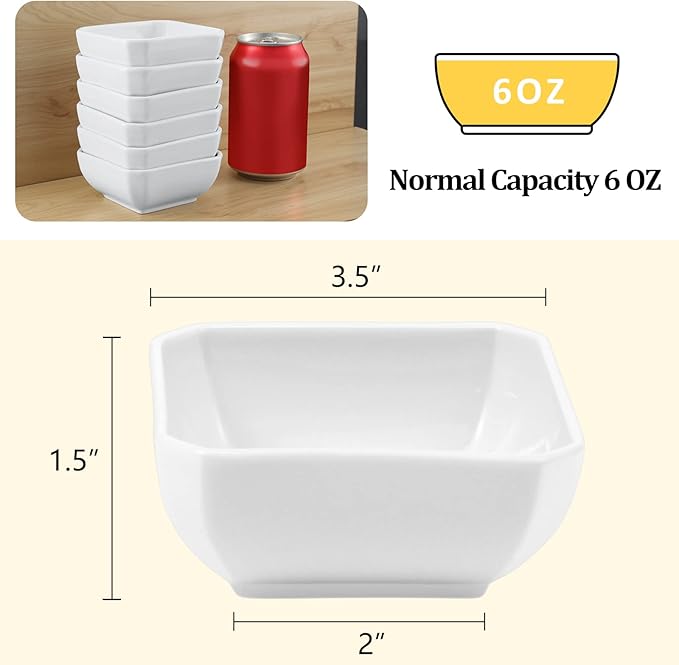 Yedio Square Dipping Bowls Set of 6, 6 Oz Small Porcelain Sauce Bowls for Side Dishes, Appetizers, Snacks, Baking & Dessert, White, Oven Safe