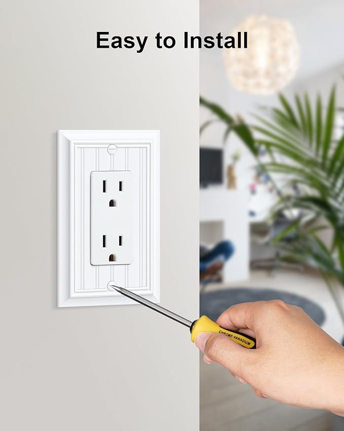 2-Pack Classic Beadboard Decorator Wall Plate Cover, Pure White Decorative Switch Plates and Outlet Covers, Durable Natural Bamboo Fiber Wall Plates for Electrical Outlets, Receptacle, GFCI Outlet