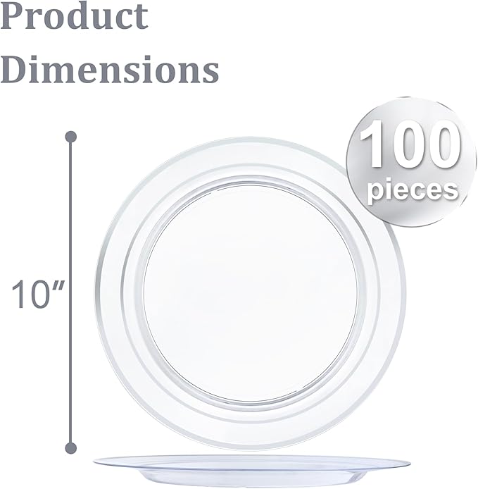 I00000 100PCS Clear Silver Plastic Plates, Clear Plates with Silver Rim, 10 Inch Dinner Plates Premium Party Supply for Wedding Birthdays Party