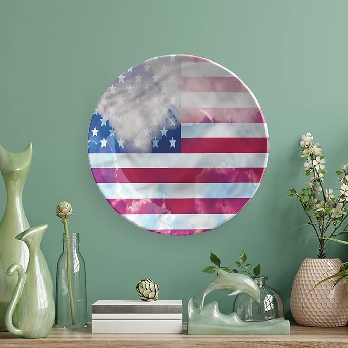 Ceramic Plates, American Flag Decorative Ceramic Plates, Flag Clouds Memorial, 6 Inch, for Dining, Parties, Wedding, Multicolor