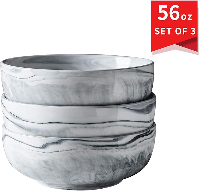 Yundu 56 OZ Gray Marble Porcelain Bowls, Popcorn Bowl, Fruit, Cereal, Pasta, Large, Soup, Serving, Pho Bowl Sets, Microwave and Dishwasher Safe Bowls For Kitchen, Set of 3