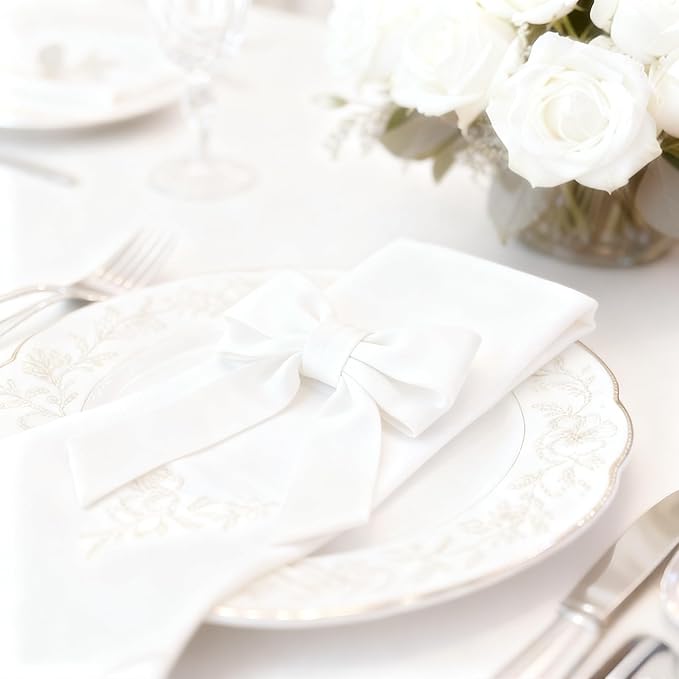 White Velvet Bow Napkin Rings Set of 6 Luxury Soft Velvet Napkin Holders, Elegant Bow Design for Christmas Holiday Dinner Wedding Party Table Decor