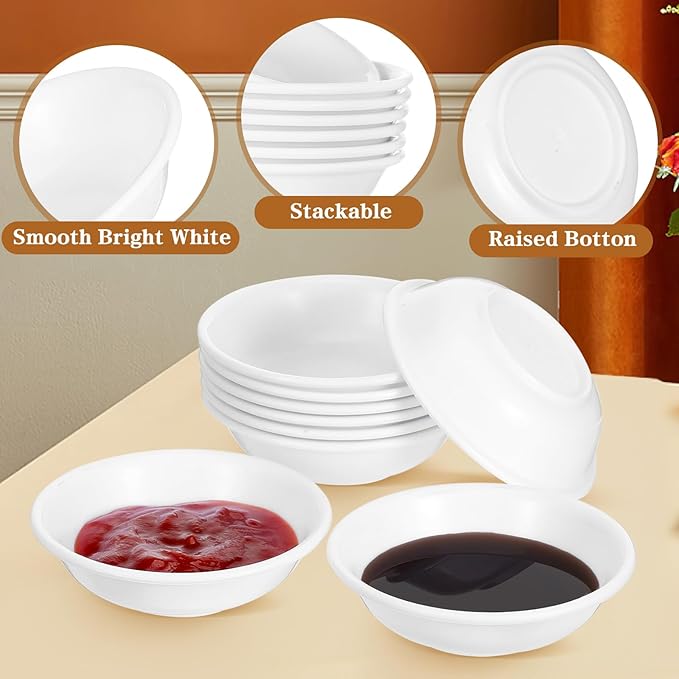 Angoily 20Pcs Dipping Sauce Bowls Round Soy Sauce Dish Set White Plastic Small Serving Bowls Condiment Ramekin Side Dishes Flatware for Restaurant BBQ Party Dinner, Charcuterie Accessories