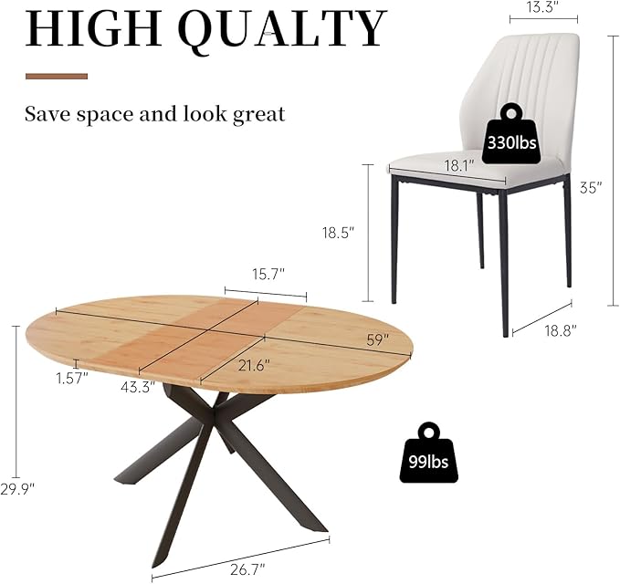 43.2"-59.1" Extendable Round Dining Table Set, Round Table for 4-6 Person with Scratch-Resistant Thickened MDF Board, Oak Coffee Table w/Metal Legs