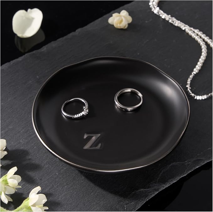 Lolalet Handmade Ceramic Ring Dish Jewelry Tray Plate with Initial, Small Monogram Gift for Her Women Girls Mother, Hostess, Engagement, Bridal Shower, Maid of Honor, Bridesmaid, Birthday, Christmas