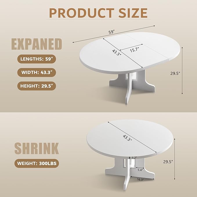 iPormis 59" Round Extendable Dining Table for 4-6, Modern Kitchen Table with Heavy Duty Pedestal Base & Wooden Top, Oval Dining Room Table for Dining Living Room, Easy Assembly, White