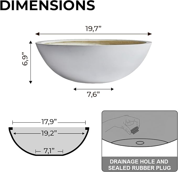 6.9" H x 19.7" D Round Bowl Fiberstone Planter for Succulent and Lotus with Drainage Hole, Smooth Finishes, Weather Resistant, Included 2 Extra Coco Mats (White, 17.9" Pot Opening)