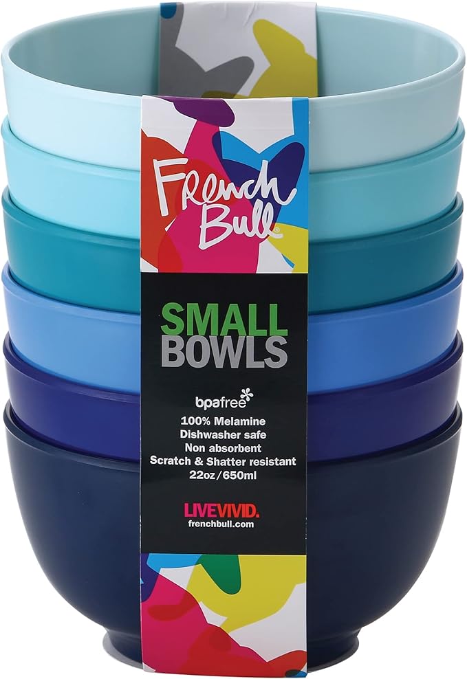 French Bull Melamine Small Bowls, 6-Piece Set, Small Serving Bowl – Snack, Condiment, Dip, Dessert, Ice Cream – Shatter Proof, Food-Safe, BPA Free, Dishwasher Safe, 5.5” 22 oz - Shades of Blue