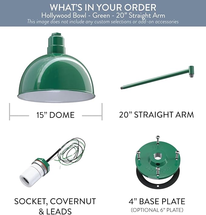 Steel Lighting Co. Hollywood Bowl Light | Outdoor Wall Mounted | 15 inch Bowl Dome | 20 inch Straight Arm | Barn Light Made in America | Green Exterior/White Interior