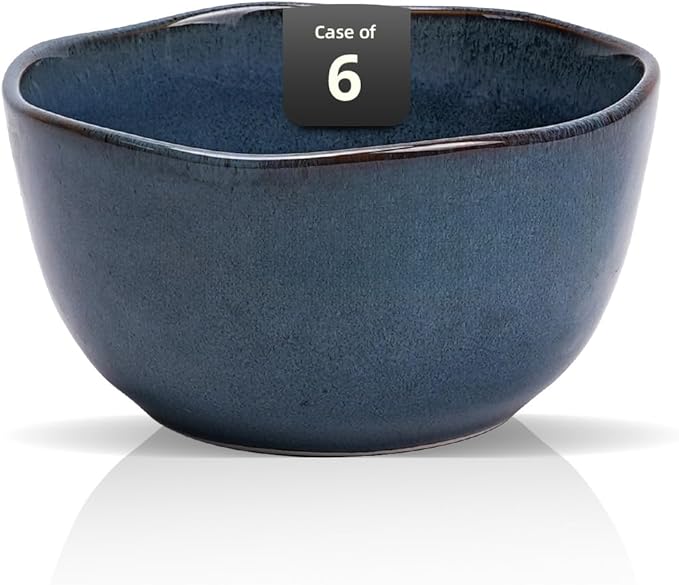 Organic Shape Highland Ceramic Cereal Bowl, 6pcs 5.5 Inch Reactive Glaze Stoneware Rice bowl with Wavy Edge, for Kitchen, Microwave & Dishwasher Safe, Scratch Resistant-Blue
