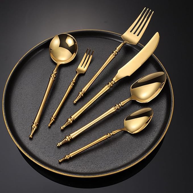 Gold Silverware Set for 6 Premium 18/10 Stainless Steel Flatware Set 24 Piece Include Knives Forks and Spoons Cutlery Utensils Light Luxury Vintage Style for Home Kitchen Christmas Restaurant