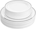 Aya's 100 Silver Rimmed Disposable Plates Set, Heavy Duty - 50 Dinner and 50 Dessert Plastic Plates for Party - Elegant White and Silver Design, Durable Tableware for Weddings, Events and Celebrations