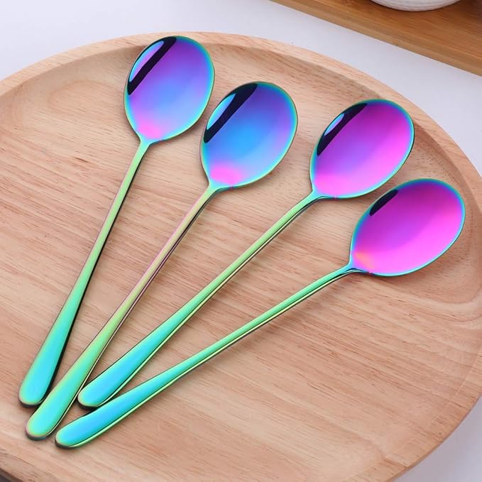 Buyer Star 5-pieces Rainbow Dinner Table Spoons 8-Inch Stainless Steel Metal Korean Soup Spoons