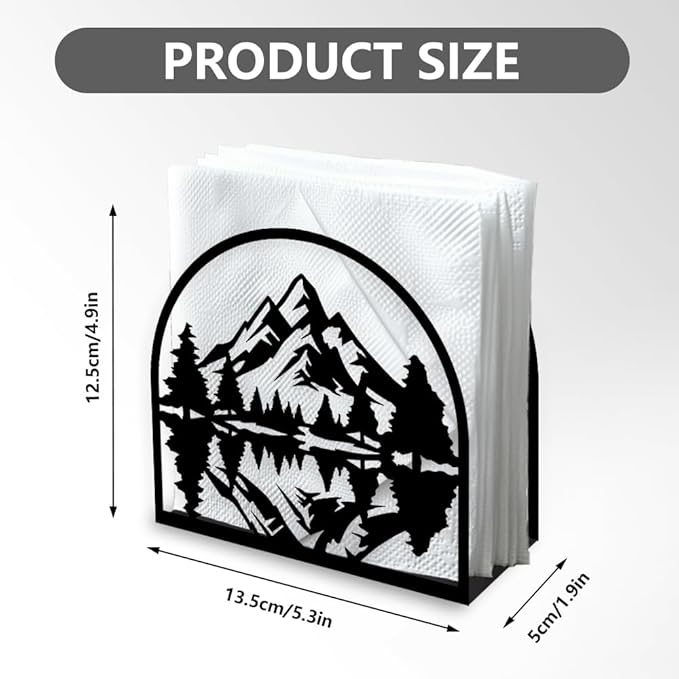 Mountain Forest Decorative Black Metal Napkin Holder for Table, 5.3" x 4.9" x 1.9" Mountain Tree Standing Napkin Holder for Home Kitchen Restaurant Picnic Party Coffee Bar Dining Room