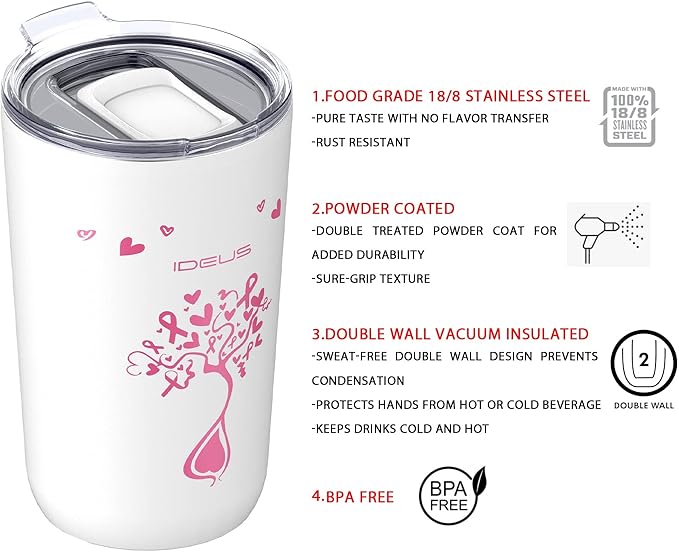 Ideus 20 oz Tumbler, Travel Coffee Mug with Splash Proof Sliding Lid, Double Wall Stainless Steel Vacuum Insulated Coffee Mug for Home and Office, Keep Beverages Hot or Cold, Pink Ribbon