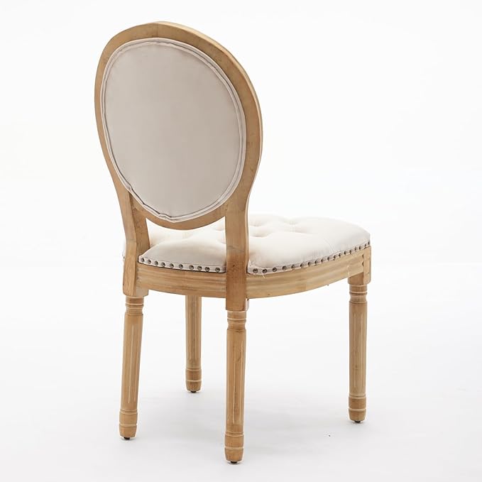 Ball & Cast French Vintage Upholstered Dining Chairs Set of 2, Button Tufted Kitchen Side-Chairs with Carved Antique Wood Frame & Nailhead Trims, 2-Piece Curved Backrest Louis Chair, Velvet Beige