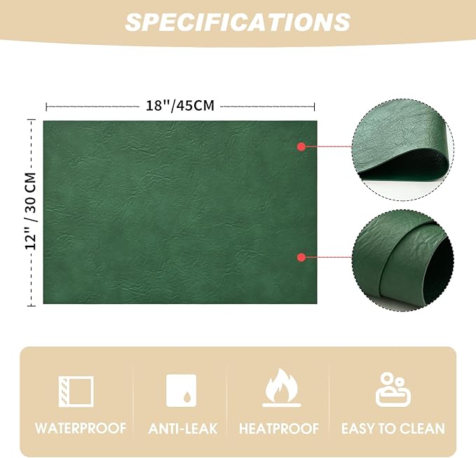 Artoid Mode Green Faux Leather Placemats Set of 6, 12x18 Inch Waterproof Wipeable Heat Resistant Vinyl Place Mats, Reversible Table Mats for St. Patrick's Day Dining Decor