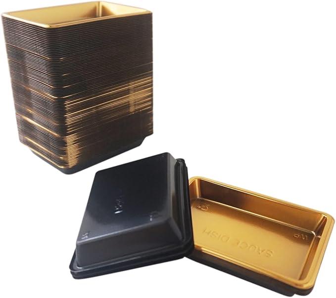 Disposable Small Sushi Tray, Plastic Mini Dipping Bowls, Tiny Serving Rectangle Plates, Soy Sauce Dishes, Seasoning Platter for Parties, BBQ, Home, Restaurant - 100PCS, Gold