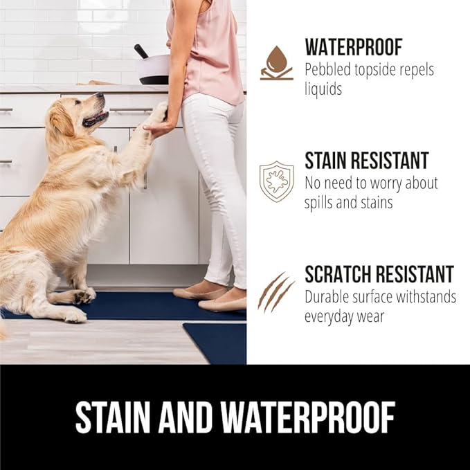 GORILLA GRIP 2 Pack Comfortable Cushioned Kitchen Mats for Floor, 17x29 + 17x59, Waterproof and Stain Resistant, 1/2 Inch Thick Soft Ergonomic Standing Desk Anti Fatigue Mat, Foam Supports Feet, Navy