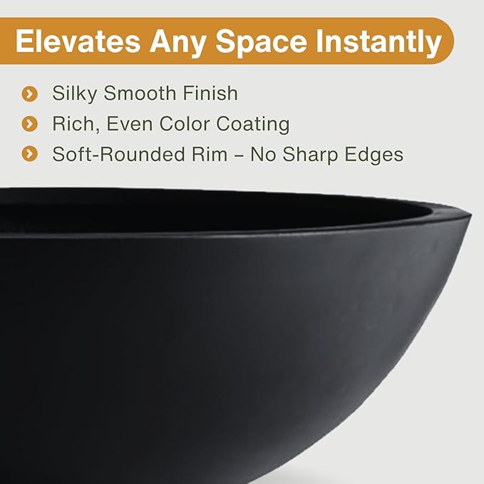 7.7" H x 22" D Round Bowl Fiberstone Planter for Succulent and Lotus with Drainage Hole, Smooth Finishes, Weather Resistant, Included 2 Extra Coco Mats (Black, 19.9" Pot Opening)