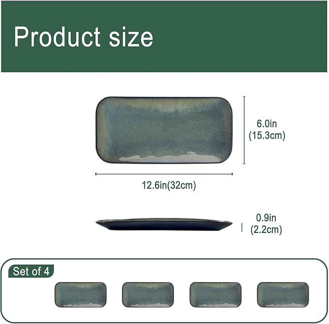 Serving Platters Set of 4, Rectangular Serving Plates, Serving Trays for Entertaining Party, Microwave,Oven,Dishwasher Safe,Kitchen Dinnerware, Blue reactive glaze 12.7 Inch