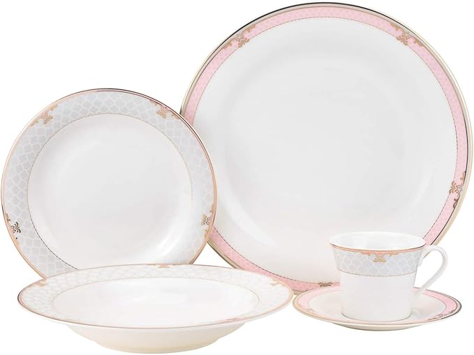 EURO Porcelain 20-pc. Dinner Set Service for 4, 24K Gold-plated Luxury Bone China Tableware ("Floral Blush" 6894G)