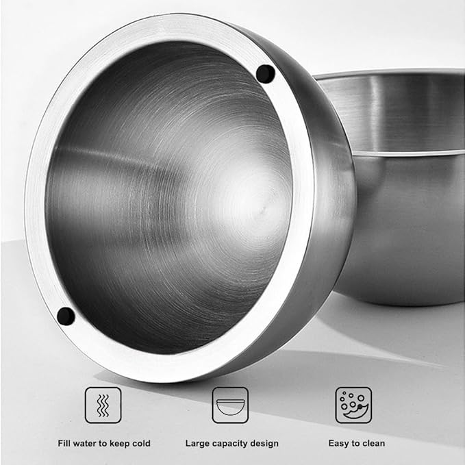 304 Stainless Steel Insulated Salad & Dipping Bowl, Two Hot/Cold Water Inlets to Keep Food Hot or Cold Suitable for Picnics, Salad Making and Dipping (35 oz)