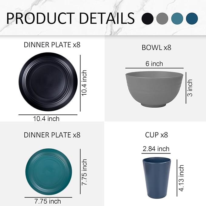 Supernal 32pcs Wheat Straw Dinnerware Sets,Plastic Plates and Bowls Sets for 8,Unbreakable Plates and Bowls Sets Dishwasher Safe Fun Colors Perfect for Cooking Family Camping Picnics
