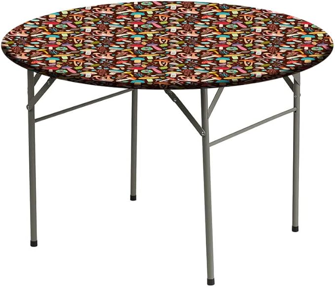 Round Vinyl Fitted Tablecloth, Mushrooms Print Polyester Table Cloth, Attractive Various Cartoon Leaves and Mushrooms Graphic, Fit Round Tables 23inch Diameter, for Wedding Party Dining Banquet Use