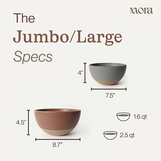 MORA Jumbo and Large Bowls Set of 2, 2.5 and 1.5 Qt Ceramic Pottery Mixing Bowls - Microwave and Dishwasher Safe - Terracotta & Peppercorn