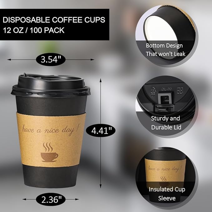 500 pack 12 oz Disposable Coffee Cups with Lids,To Go Coffee Cups for Home, Office, Cafes and Party (Black 12oz)