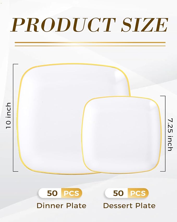 bUCLA 100PCS White Plates with Gold Trim - Heavy Duty White Gold Square Disposable - Include 50 Each (10 inch Dinner & 7.25 inch Dessert) Plates for Party & Wedding