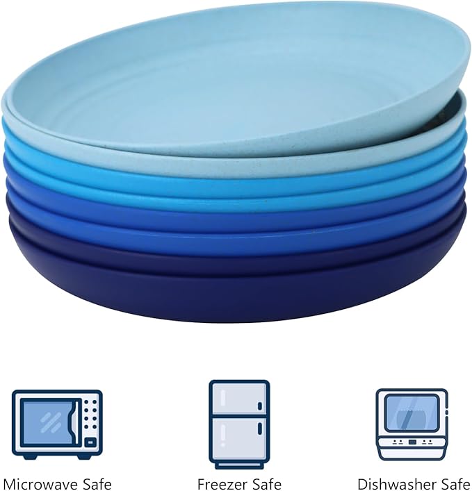 Homienly Salad Plates 10 Inch Unbreakable Wheat Straw Plates Dinner Plates Set of 8 Microwave Safe Plates for Kitchen Dishwasher Safe Plastic Plates Alternative for Picnic,Camping,RV (Blue Series)